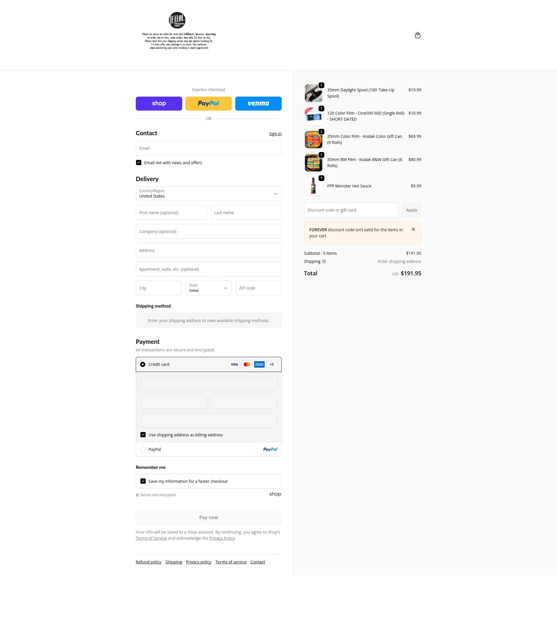 Film Photography Project checkout page showing Film Photography Project discount code box | Screenshot taken by SimplyCodes community member on Jan 26, 2026