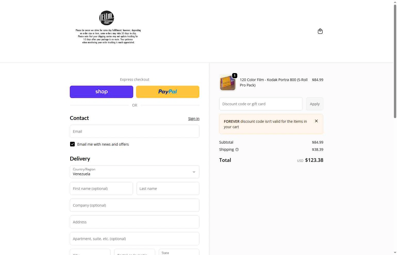 Film Photography Project checkout page showing Film Photography Project discount code box | Screenshot taken by SimplyCodes community member on Jan 27, 2026