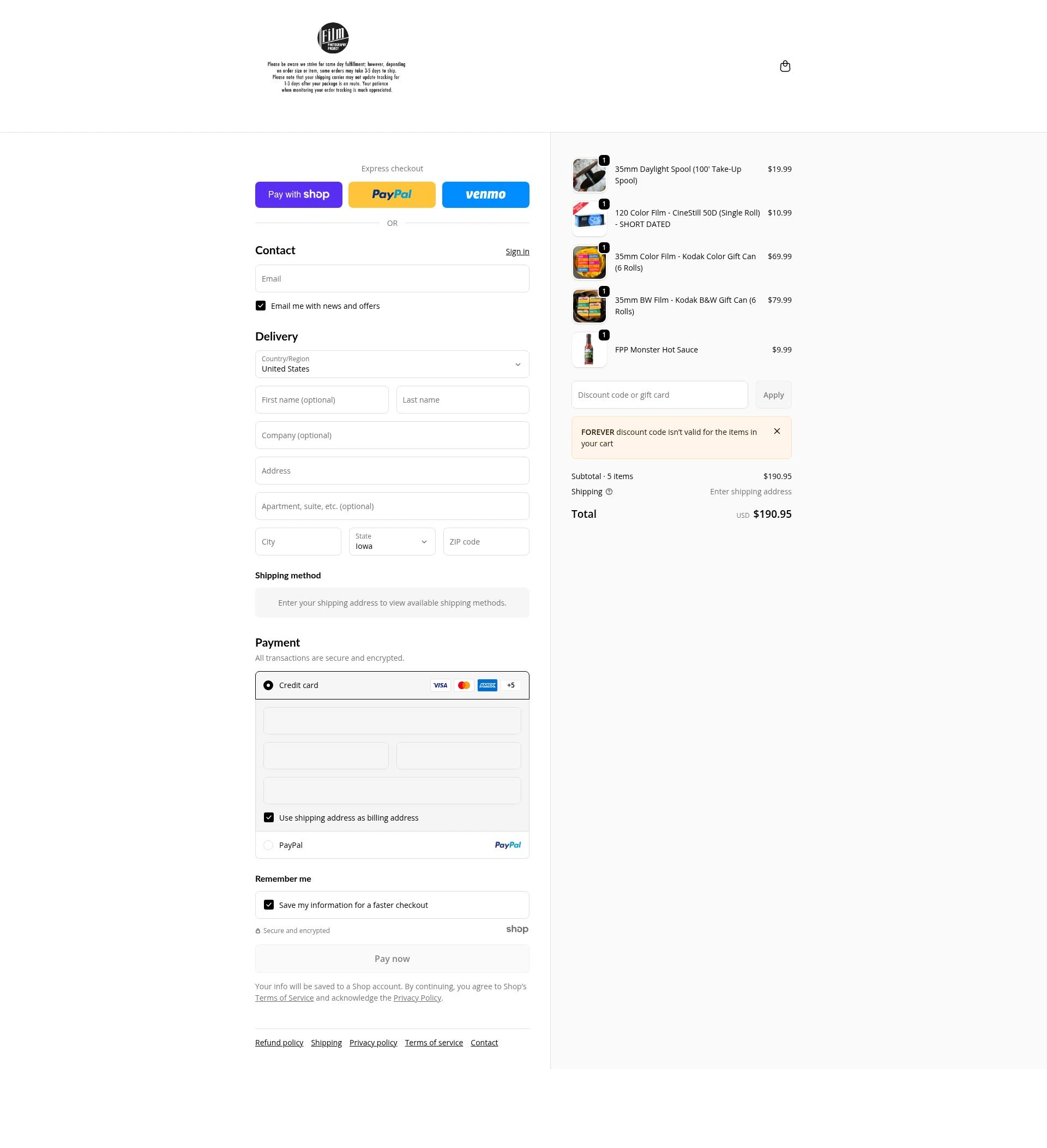 Film Photography Project checkout page showing Film Photography Project discount code box | Screenshot taken by SimplyCodes community member on Jan 7, 2026