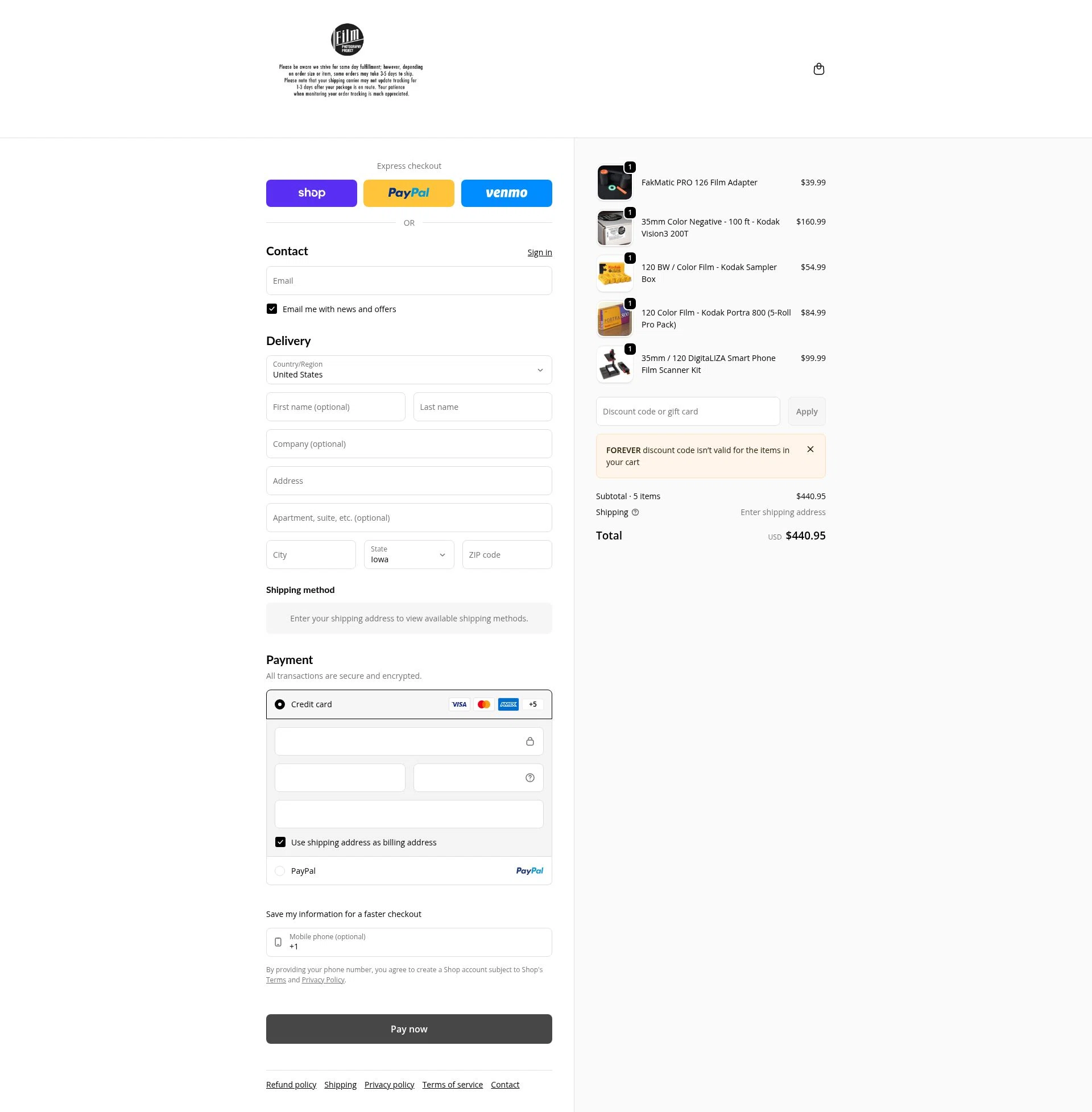 Film Photography Project checkout page showing Film Photography Project discount code box | Screenshot taken by SimplyCodes community member on Feb 4, 2026