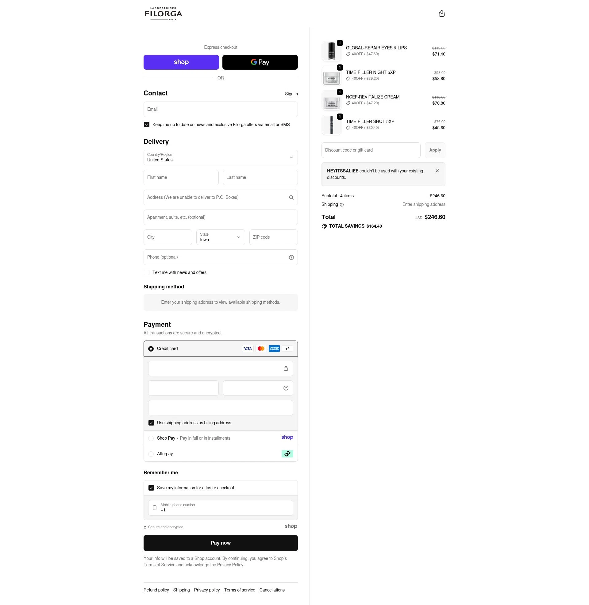 FILORGA Skincare checkout page showing FILORGA Skincare promo code box | Screenshot taken by SimplyCodes community member on Dec 28, 2025