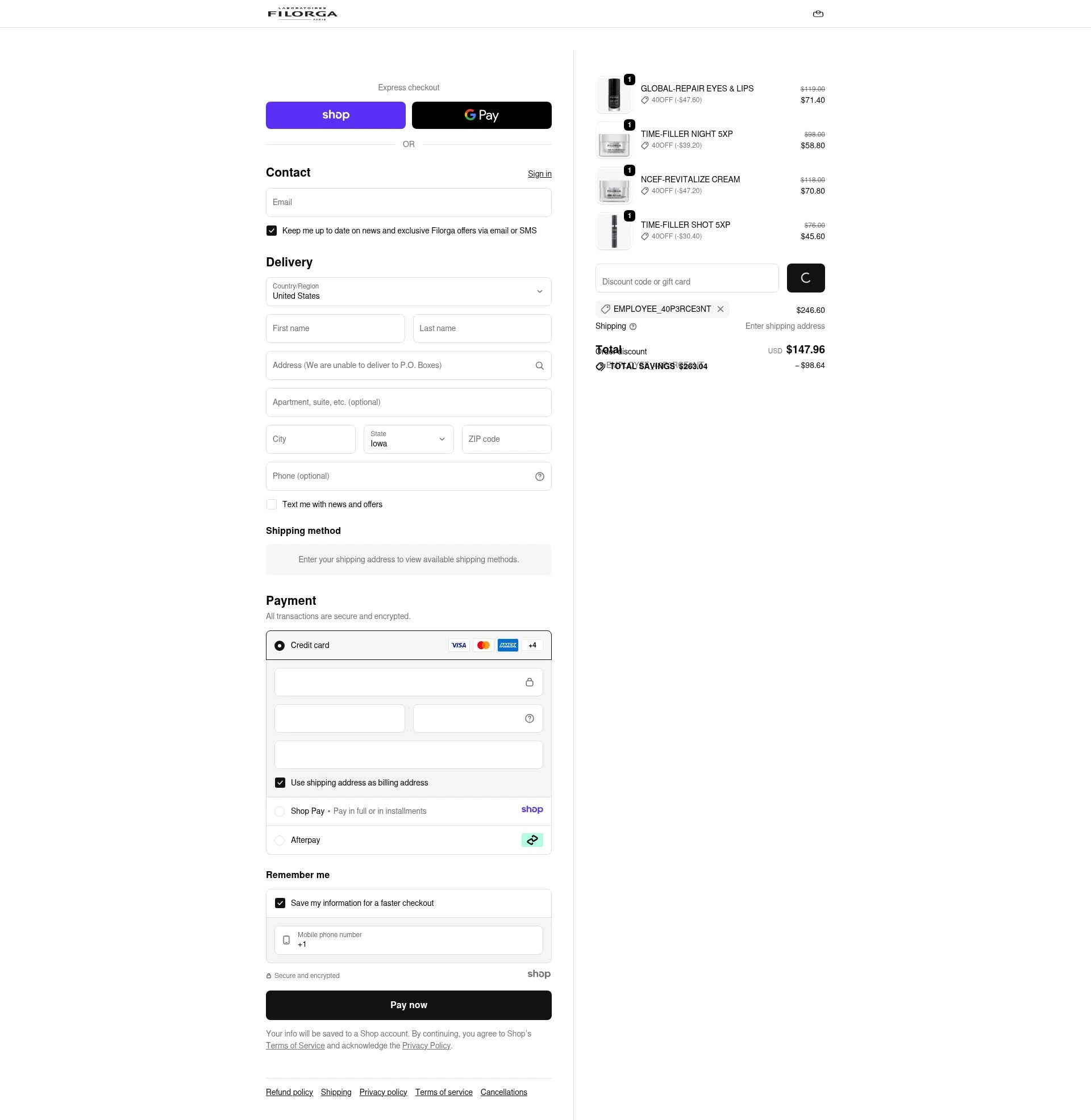 FILORGA Skincare checkout page showing FILORGA Skincare promo code box | Screenshot taken by SimplyCodes community member on Dec 28, 2025