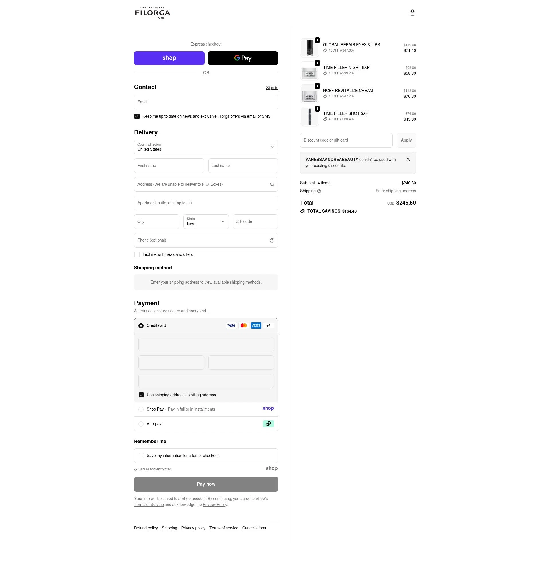 FILORGA Skincare checkout page showing FILORGA Skincare promo code box | Screenshot taken by SimplyCodes community member on Dec 28, 2025