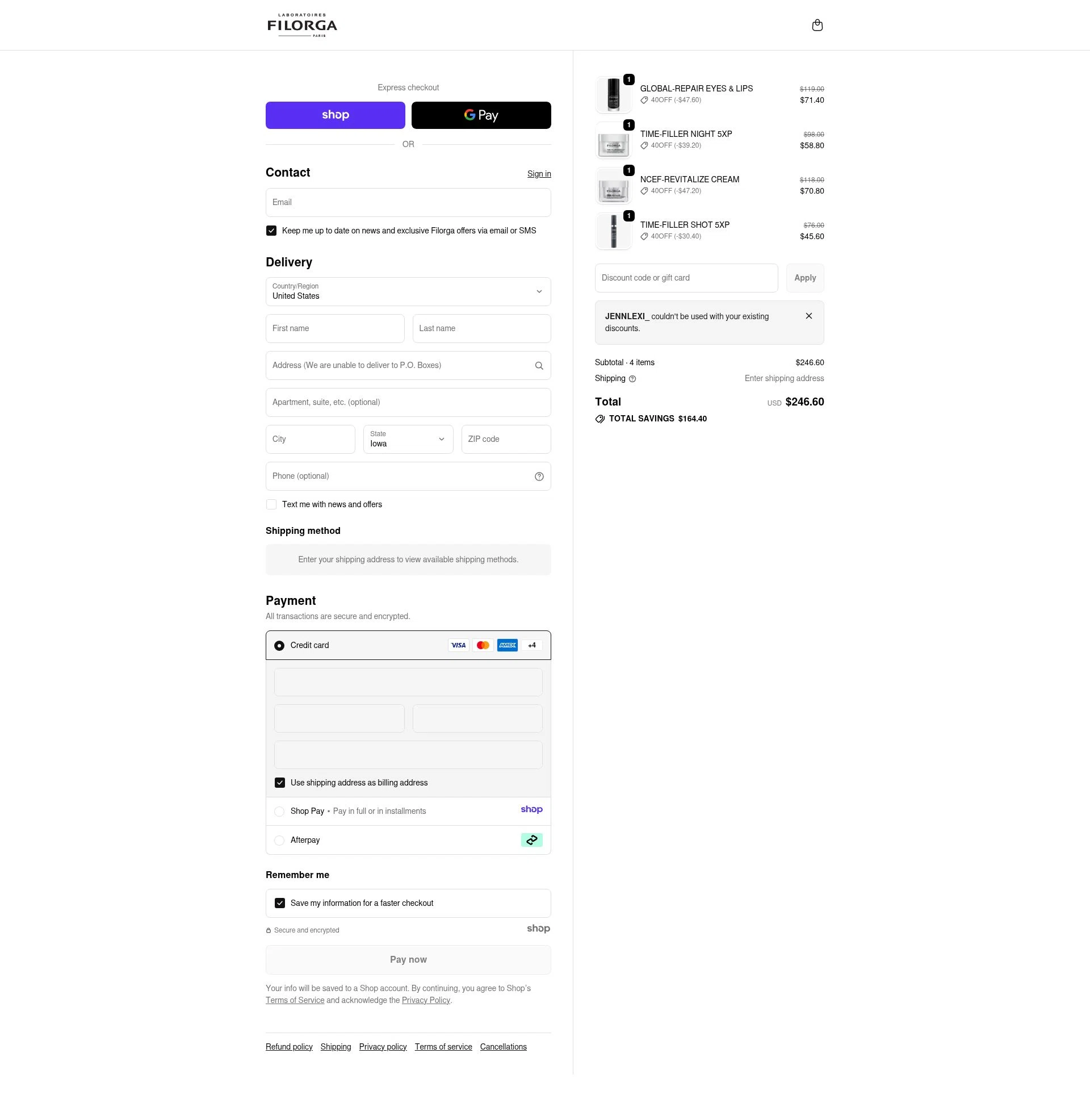 FILORGA Skincare checkout page showing FILORGA Skincare promo code box | Screenshot taken by SimplyCodes community member on Dec 28, 2025