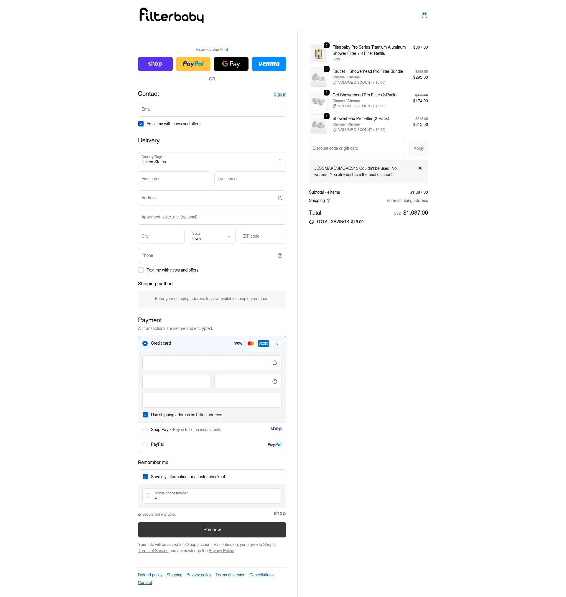 FilterBaby checkout page showing FilterBaby discount code box | Screenshot taken by SimplyCodes community member on Jan 6, 2026