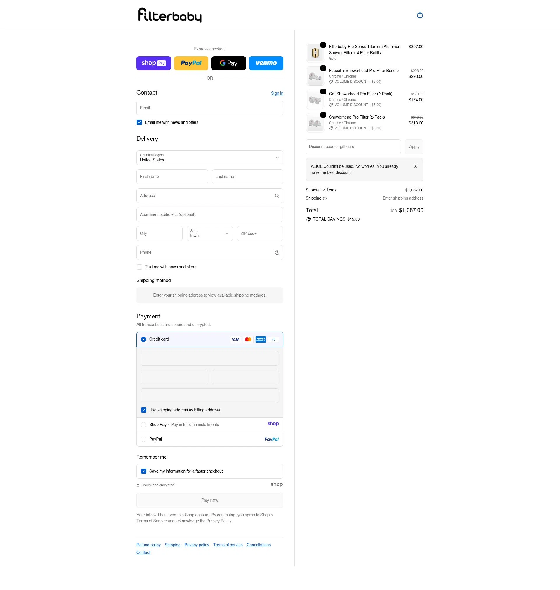 FilterBaby checkout page showing FilterBaby discount code box | Screenshot taken by SimplyCodes community member on Jan 6, 2026