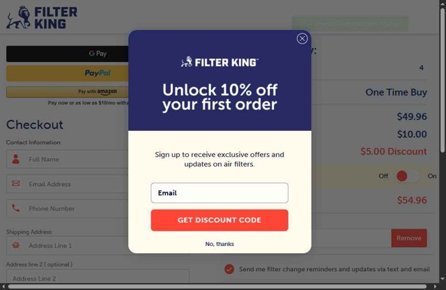 Filter King checkout page showing Filter King promo code box | Screenshot taken by SimplyCodes community member on May 25, 2025