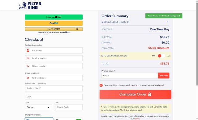Filter King checkout page showing Filter King promo code box | Screenshot taken by SimplyCodes community member on Jun 7, 2025