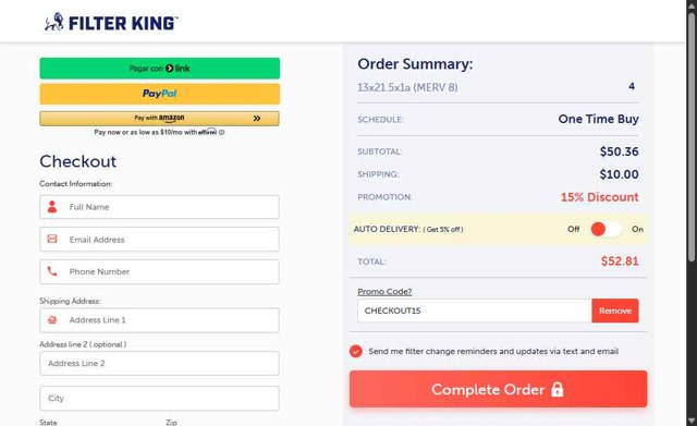 Filter King checkout page showing Filter King promo code box | Screenshot taken by SimplyCodes community member on May 11, 2025