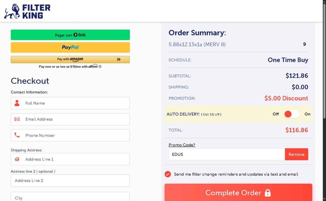 Filter King checkout page showing Filter King promo code box | Screenshot taken by SimplyCodes community member on Jun 7, 2025