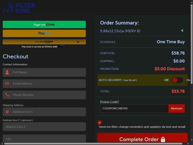 Filter King checkout page showing Filter King promo code box | Screenshot taken by SimplyCodes community member on Aug 31, 2025