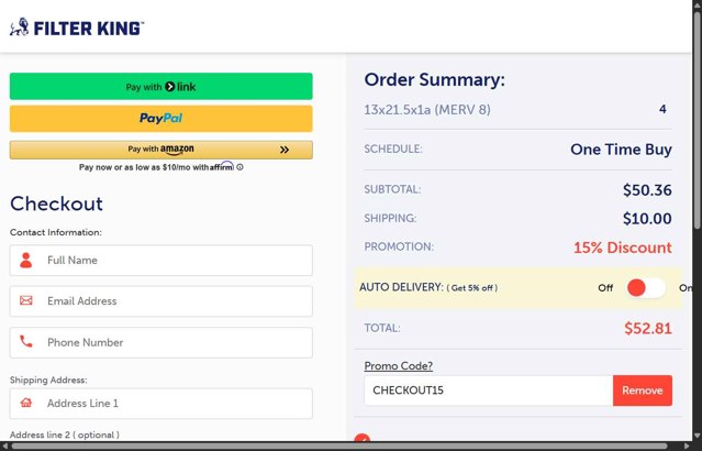 Filter King checkout page showing Filter King promo code box | Screenshot taken by SimplyCodes community member on May 11, 2025