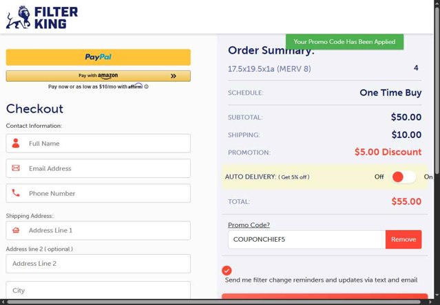 Filter King checkout page showing Filter King promo code box | Screenshot taken by SimplyCodes community member on May 25, 2025