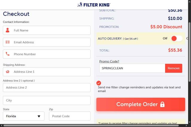 Filter King checkout page showing Filter King promo code box | Screenshot taken by SimplyCodes community member on Aug 11, 2025