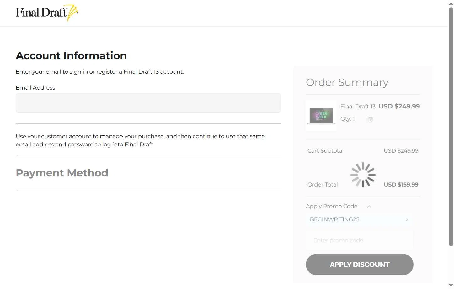 Final Draft checkout page showing Final Draft promo code box | Screenshot taken by SimplyCodes community member on Dec 8, 2025
