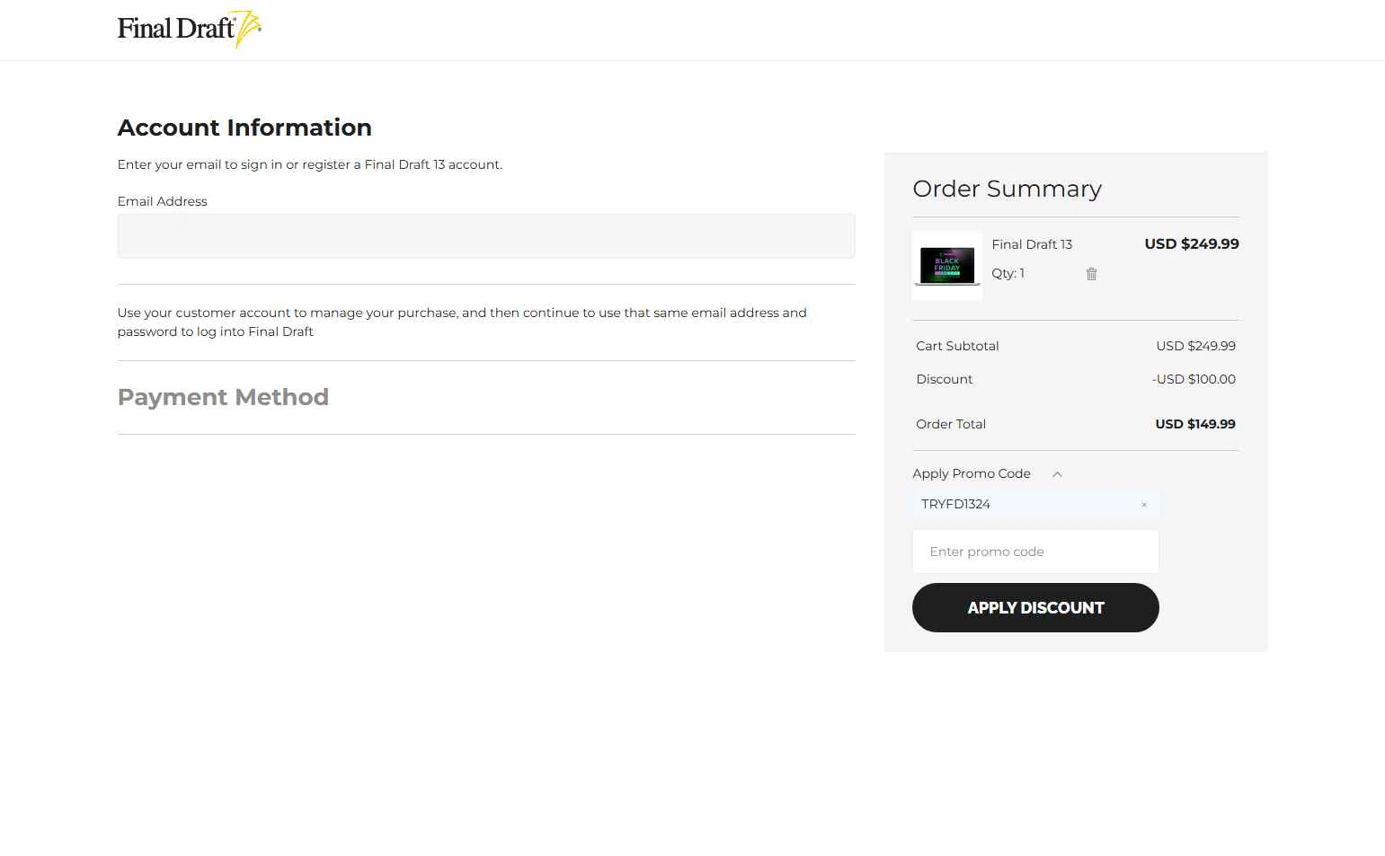 Final Draft checkout page showing Final Draft promo code box | Screenshot taken by SimplyCodes community member on Nov 28, 2025