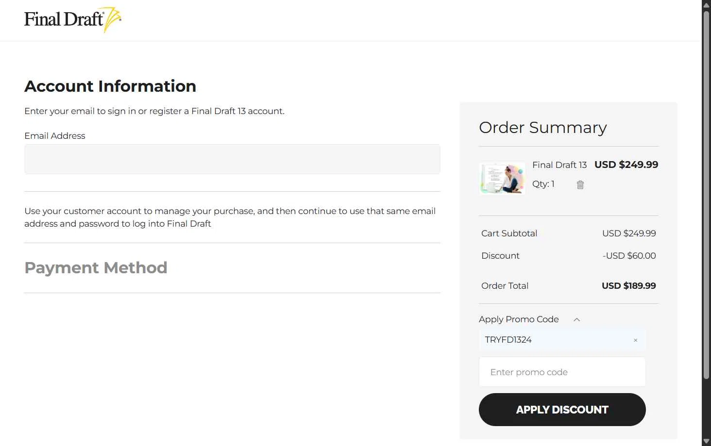 Final Draft checkout page showing Final Draft promo code box | Screenshot taken by SimplyCodes community member on Feb 7, 2026