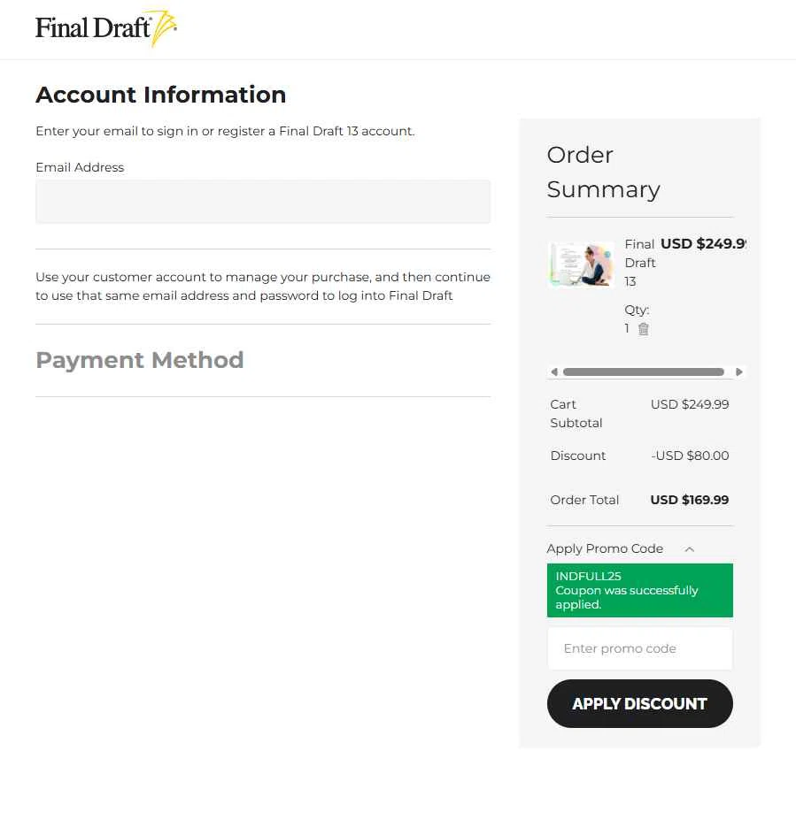 Final Draft checkout page showing Final Draft promo code box | Screenshot taken by SimplyCodes community member on Oct 12, 2025