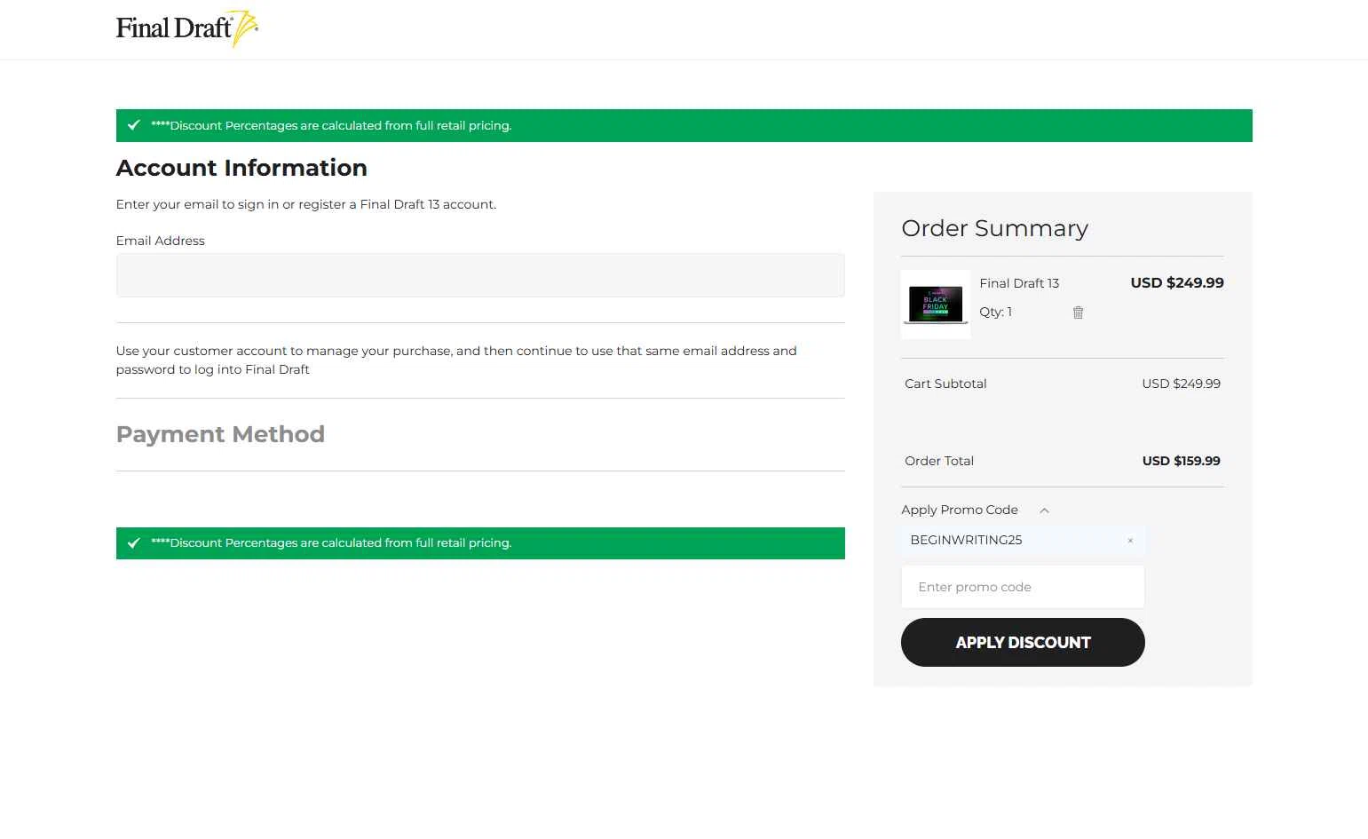 Final Draft checkout page showing Final Draft promo code box | Screenshot taken by SimplyCodes community member on Nov 28, 2025