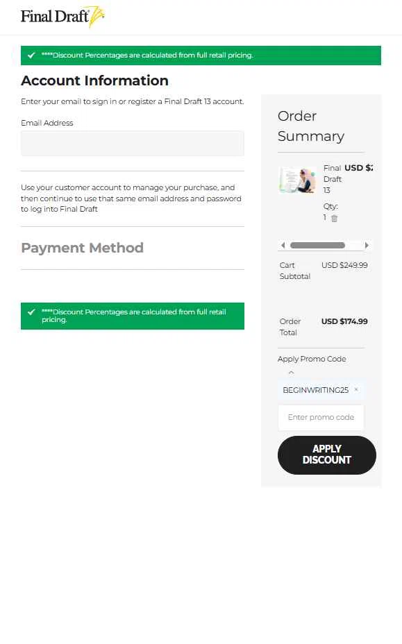 Final Draft checkout page showing Final Draft promo code box | Screenshot taken by SimplyCodes community member on Oct 19, 2025