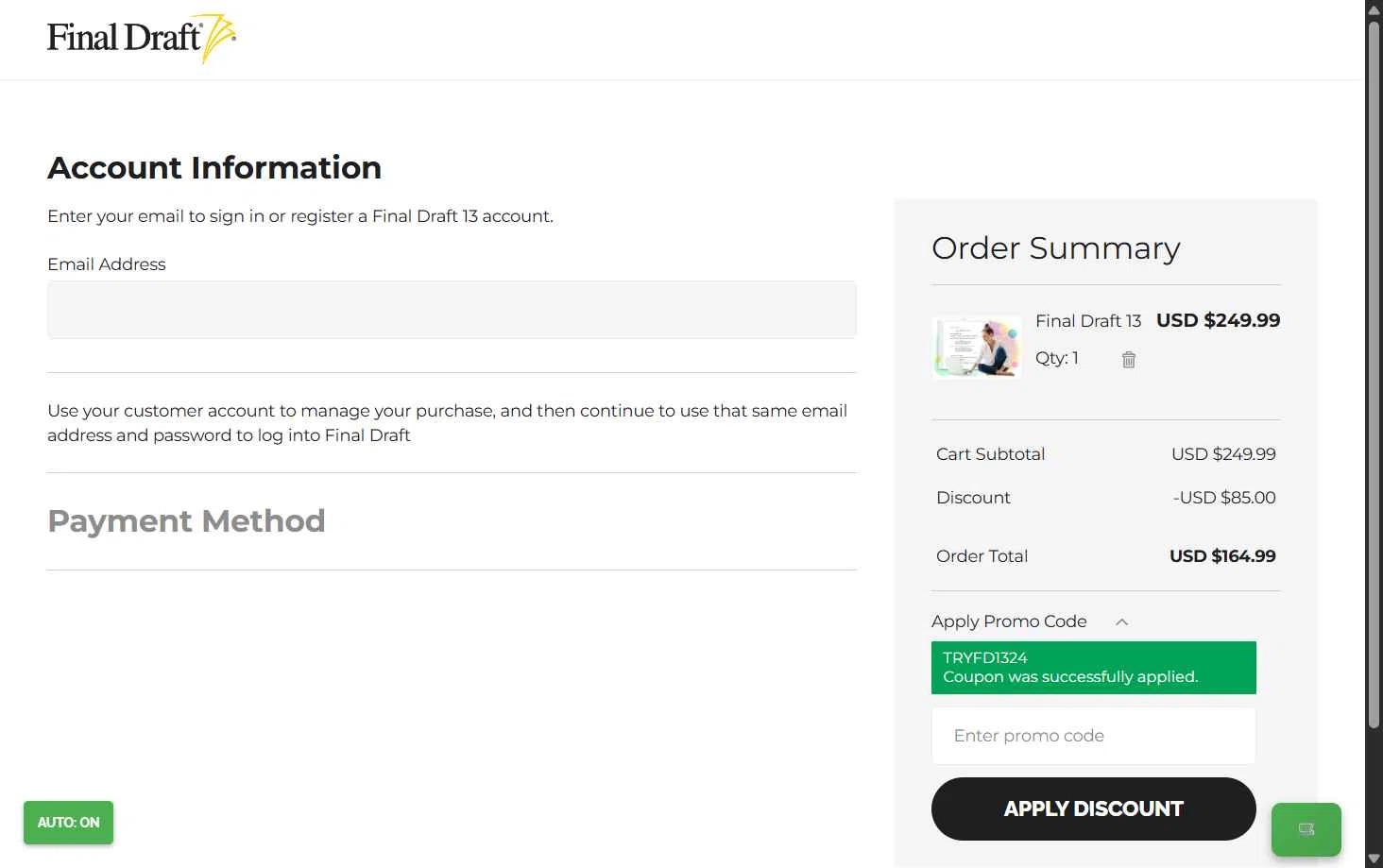 Final Draft checkout page showing Final Draft promo code box | Screenshot taken by SimplyCodes community member on Oct 20, 2025