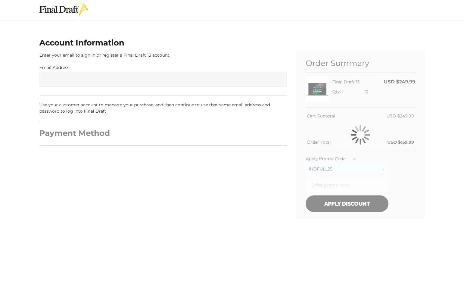 Final Draft checkout page showing Final Draft promo code box | Screenshot taken by SimplyCodes community member on Nov 28, 2025