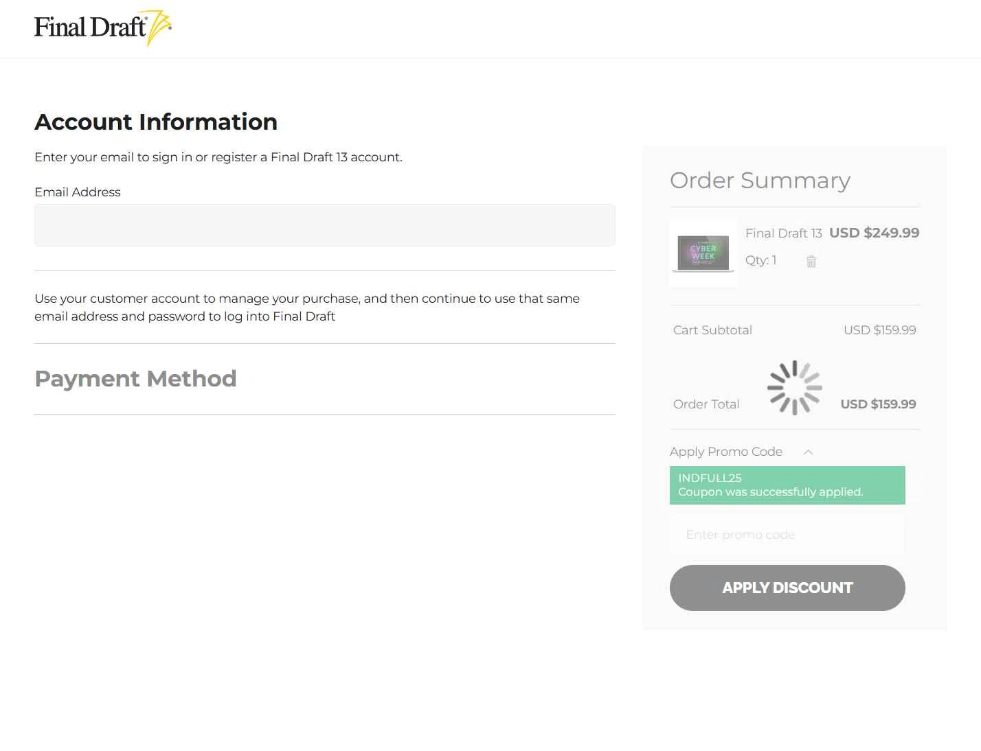 Final Draft checkout page showing Final Draft promo code box | Screenshot taken by SimplyCodes community member on Dec 8, 2025