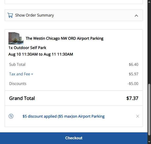 Find Parking checkout page showing Find Parking promo code box | Screenshot taken by SimplyCodes community member on Aug 9, 2025