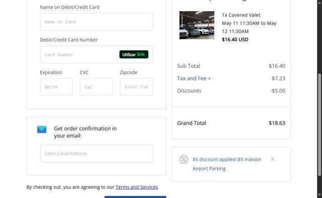 Find Parking checkout page showing Find Parking promo code box | Screenshot taken by SimplyCodes community member on May 10, 2025