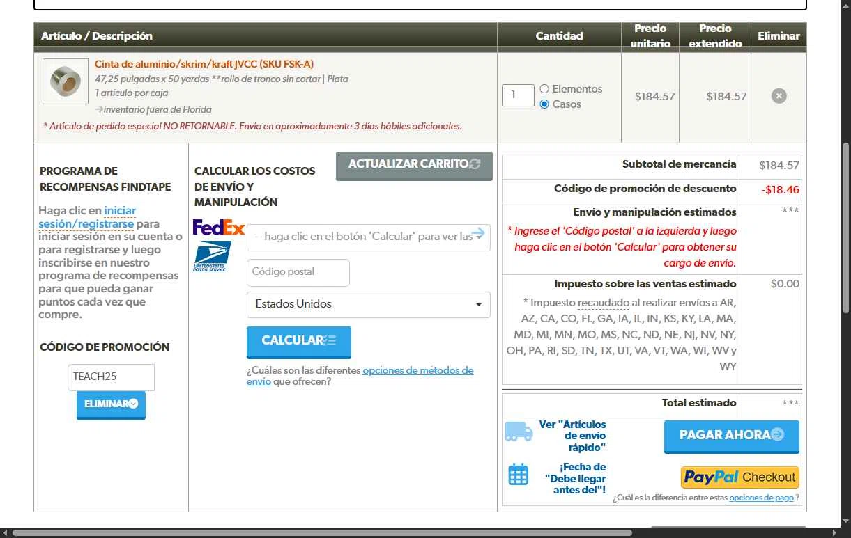 FindTape.com checkout page showing FindTape.com promo code box | Screenshot taken by SimplyCodes community member on Aug 15, 2025
