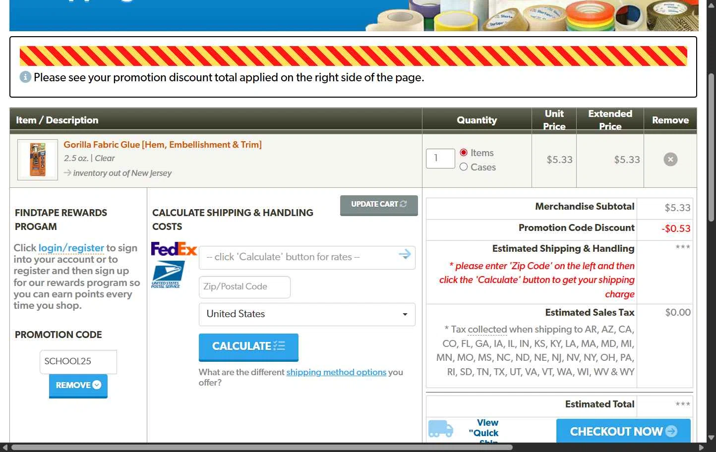 FindTape.com checkout page showing FindTape.com promo code box | Screenshot taken by SimplyCodes community member on Aug 28, 2025
