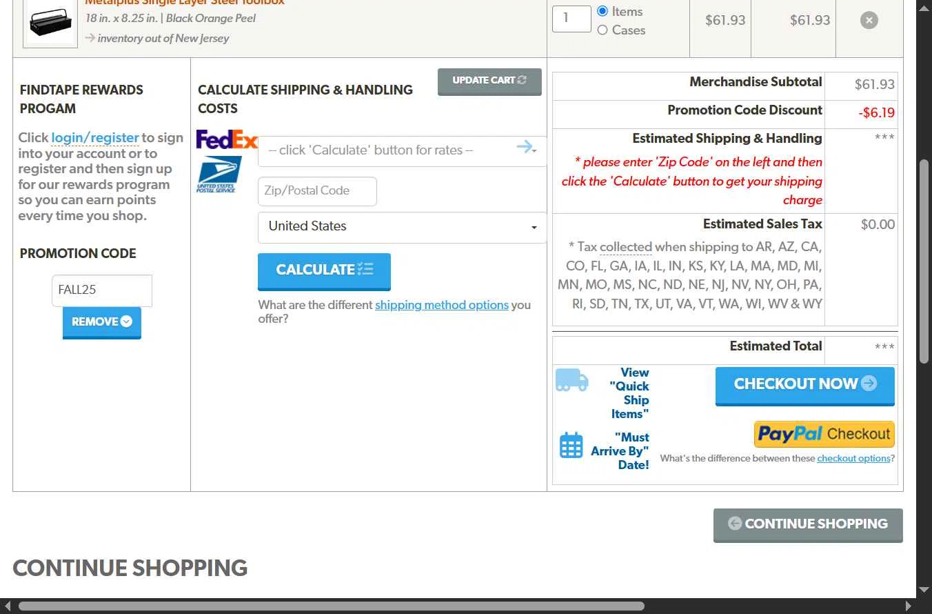 FindTape.com checkout page showing FindTape.com promo code box | Screenshot taken by SimplyCodes community member on Oct 25, 2025