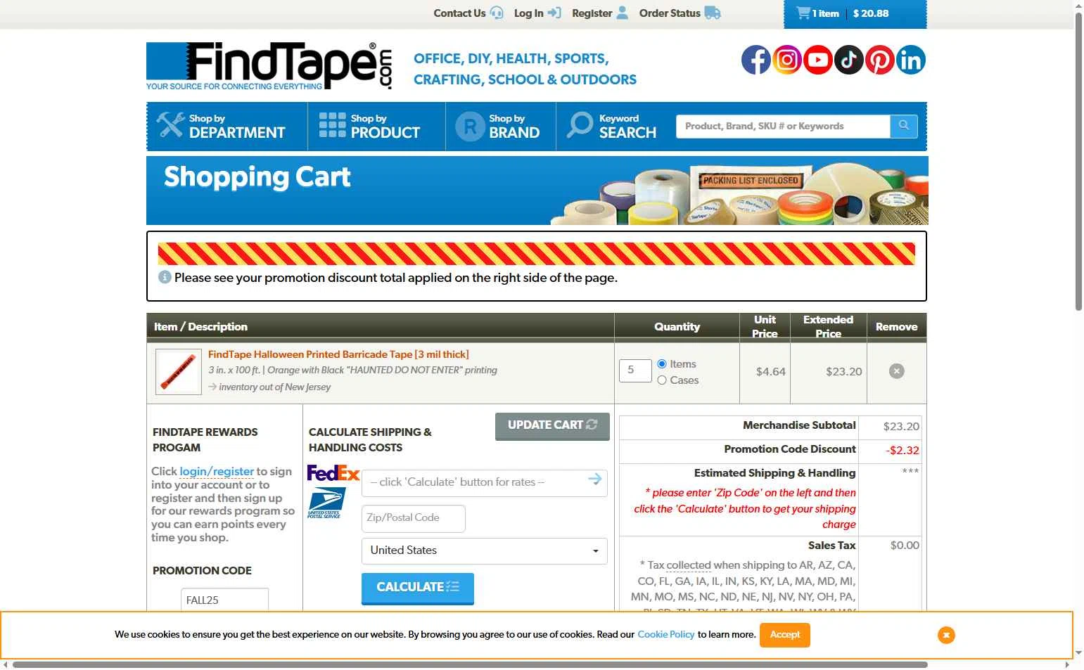FindTape.com checkout page showing FindTape.com promo code box | Screenshot taken by SimplyCodes community member on Oct 12, 2025