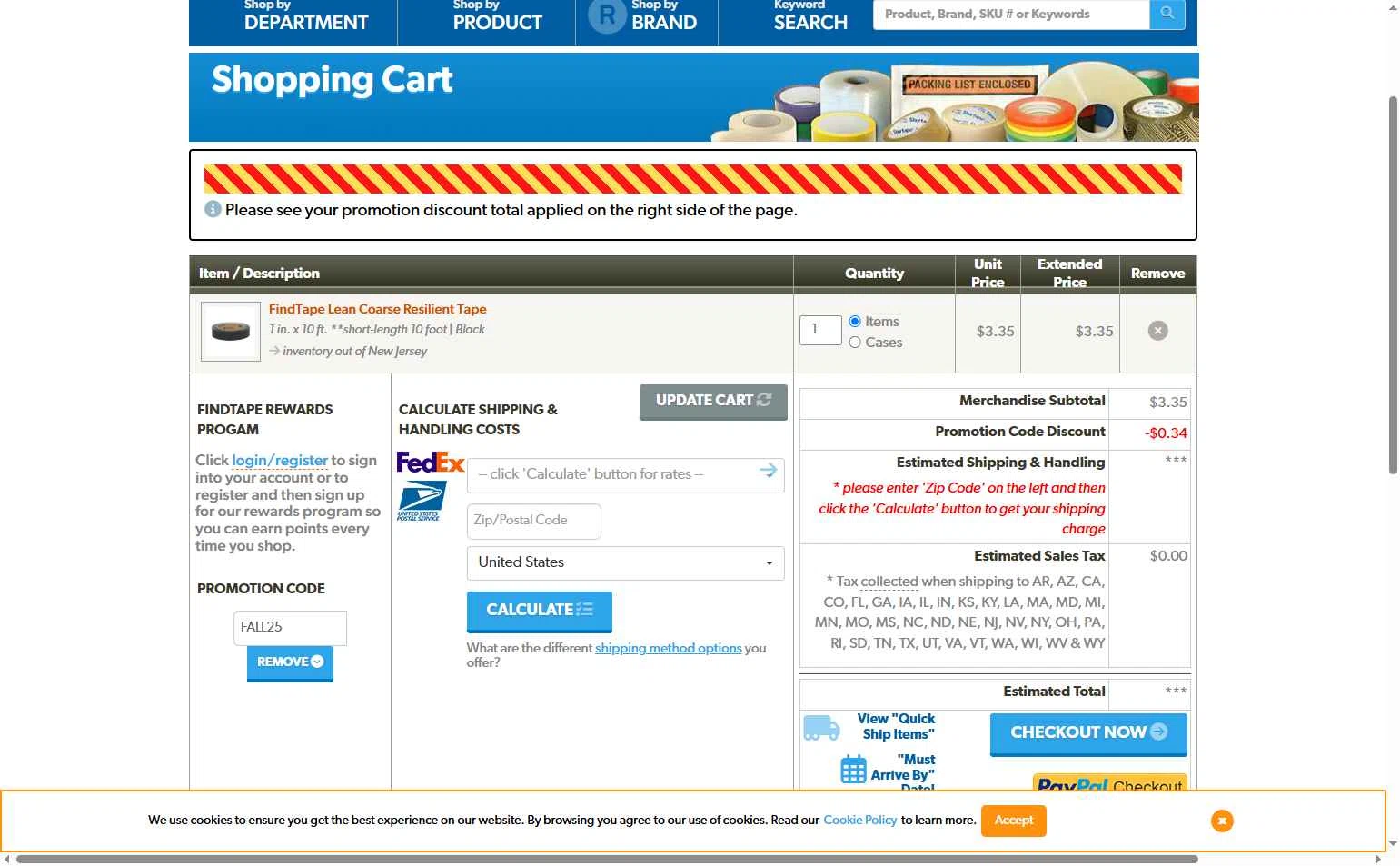 FindTape.com checkout page showing FindTape.com promo code box | Screenshot taken by SimplyCodes community member on Oct 3, 2025