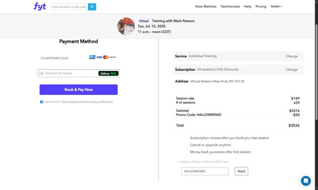 Find Your Trainer checkout page showing Find Your Trainer promo code box | Screenshot taken by SimplyCodes community member on Jul 11, 2025