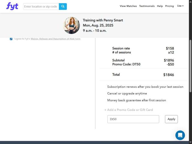 Find Your Trainer checkout page showing Find Your Trainer promo code box | Screenshot taken by SimplyCodes community member on Aug 22, 2025