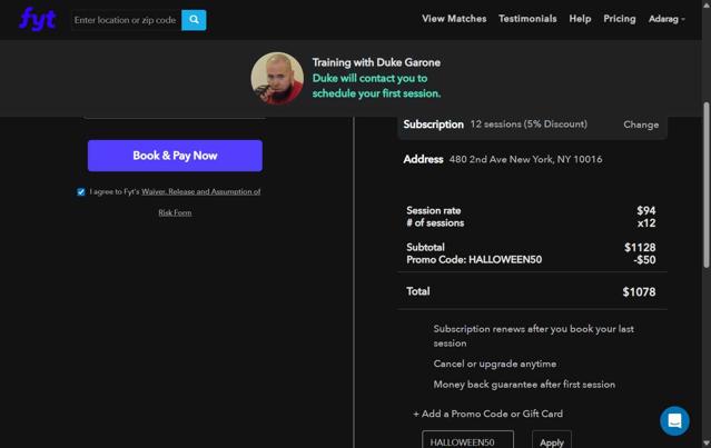 Find Your Trainer checkout page showing Find Your Trainer promo code box | Screenshot taken by SimplyCodes community member on Aug 9, 2025