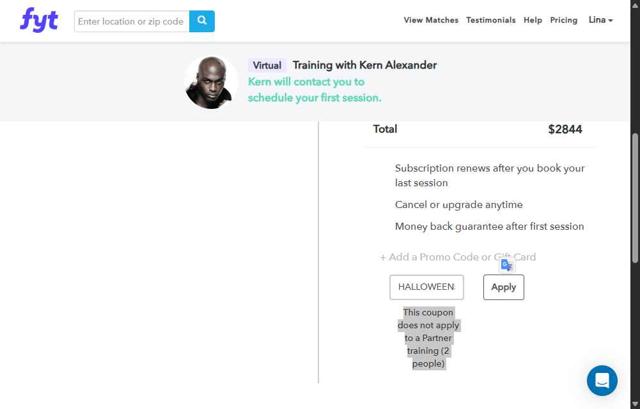 Find Your Trainer checkout page showing Find Your Trainer promo code box | Screenshot taken by SimplyCodes community member on Jul 11, 2025