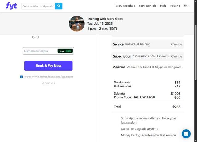 Find Your Trainer checkout page showing Find Your Trainer promo code box | Screenshot taken by SimplyCodes community member on Jul 11, 2025