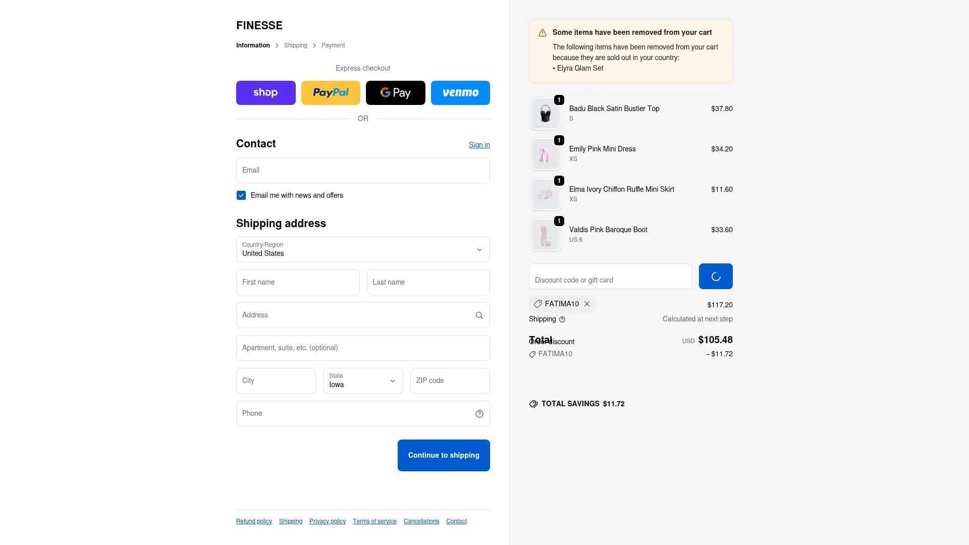 Finesse US checkout page showing Finesse US discount code box | Screenshot taken by SimplyCodes community member on Dec 28, 2025