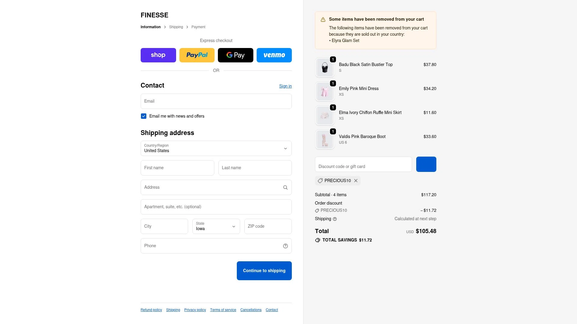 Finesse US checkout page showing Finesse US discount code box | Screenshot taken by SimplyCodes community member on Dec 28, 2025