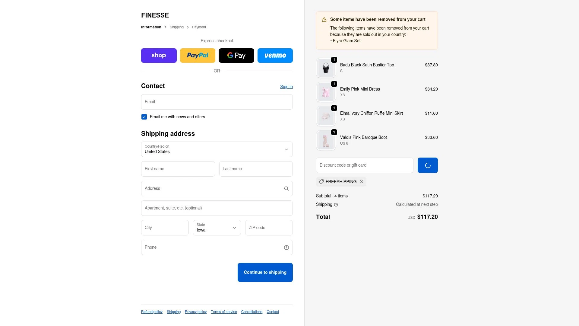Finesse US checkout page showing Finesse US discount code box | Screenshot taken by SimplyCodes community member on Dec 28, 2025