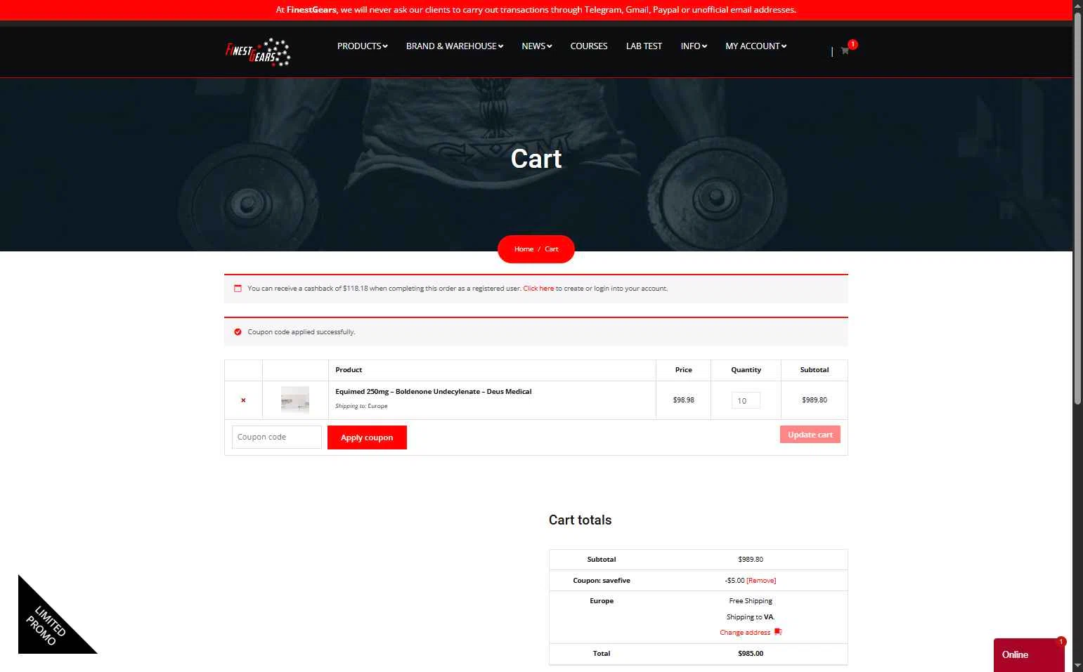 Finest Gears checkout page showing Finest Gears coupon code box | Screenshot taken by SimplyCodes community member on Nov 8, 2025
