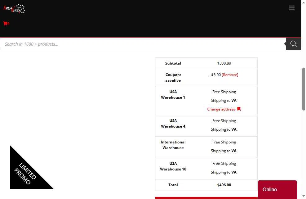 Finest Gears checkout page showing Finest Gears coupon code box | Screenshot taken by SimplyCodes community member on Oct 9, 2025
