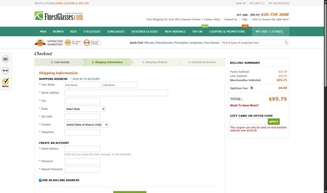 Finest Glasses checkout page showing Finest Glasses promo code box | Screenshot taken by SimplyCodes community member on Jun 7, 2025