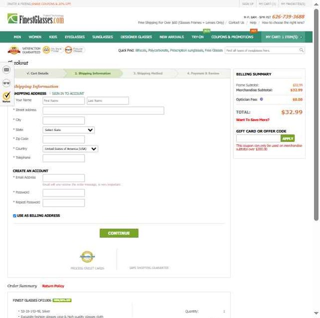 Finest Glasses checkout page showing Finest Glasses promo code box | Screenshot taken by SimplyCodes community member on Apr 29, 2025
