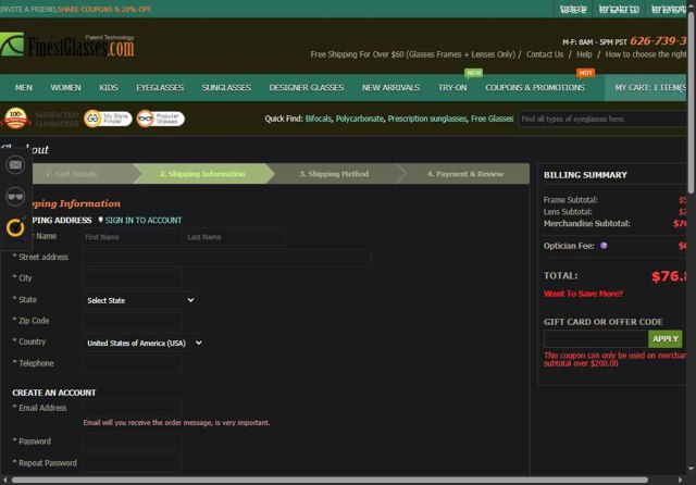 Finest Glasses checkout page showing Finest Glasses promo code box | Screenshot taken by SimplyCodes community member on Apr 29, 2025