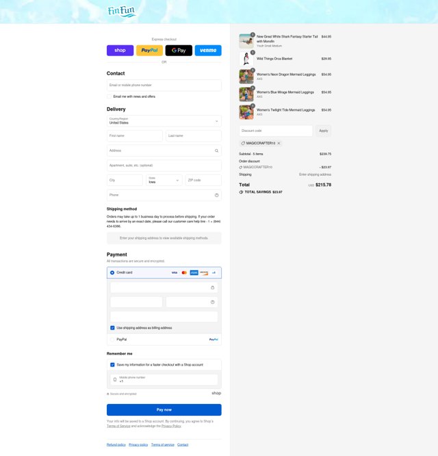 Fin Fun Mermaid checkout page showing Fin Fun Mermaid discount code box | Screenshot taken by SimplyCodes community member on Aug 31, 2025