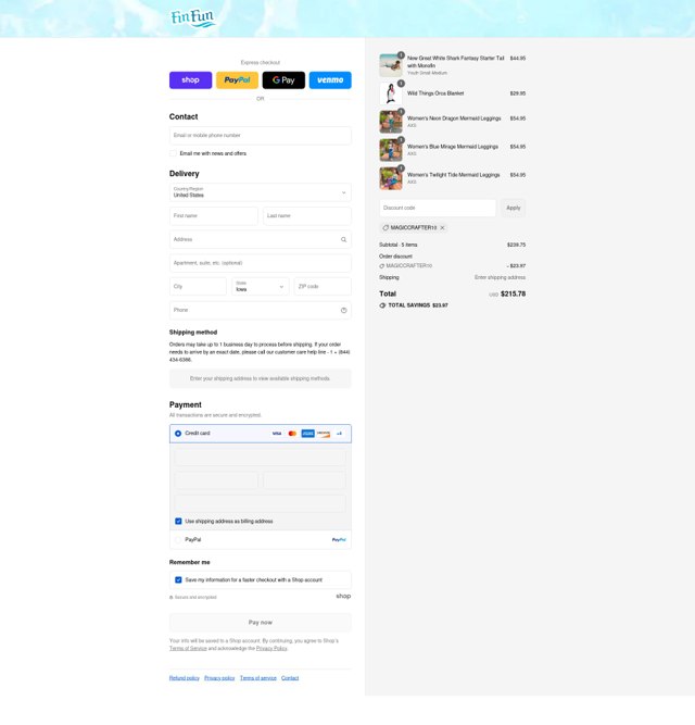 Fin Fun Mermaid checkout page showing Fin Fun Mermaid discount code box | Screenshot taken by SimplyCodes community member on Sep 4, 2025