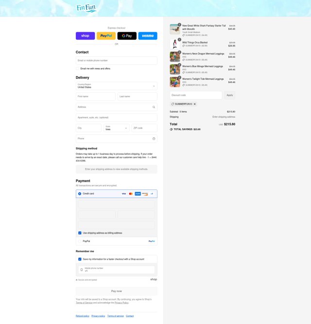 Fin Fun Mermaid checkout page showing Fin Fun Mermaid discount code box | Screenshot taken by SimplyCodes community member on Sep 4, 2025